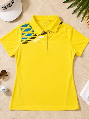 N’VO Performance Bright Yellow Blue Accent Golf Polo Size M EUC